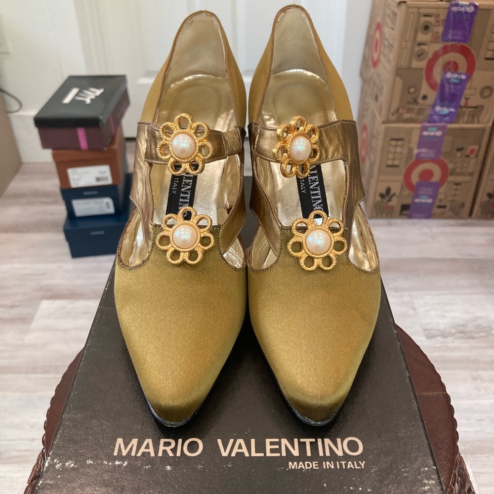 Pre-Loved Mario Valentino Bronze Satin Pumps With Gold/Pearl Flowers